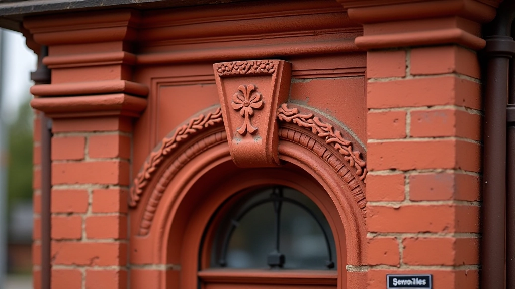 Senosios stoties detalė: grioveliuota raudona plyta ir klasikinės architektūros ornamentai