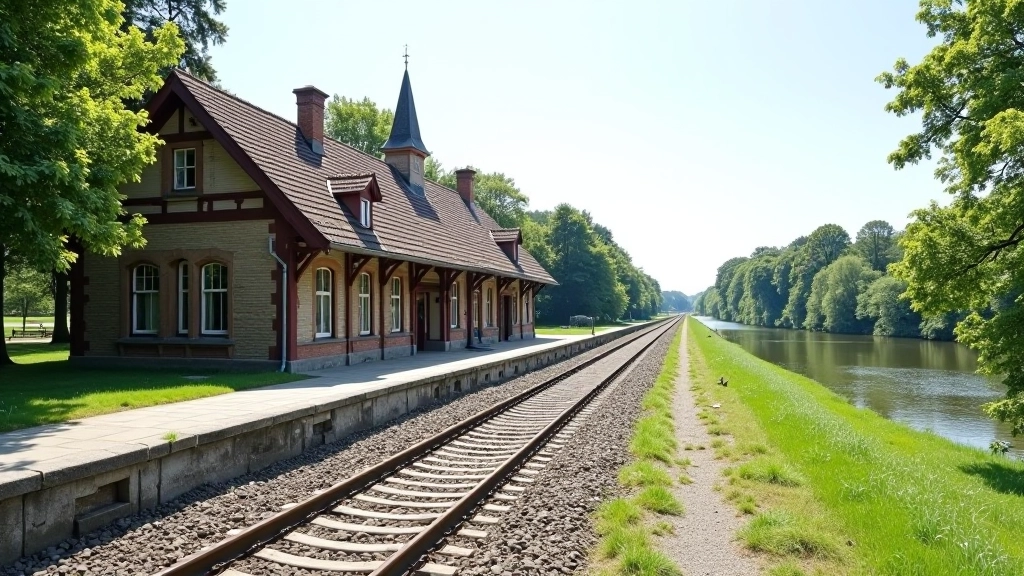 Senoji geležinkelio stotis nuo šono, matomos grindinės, žalias kraštovaizdis, upė tolumoje